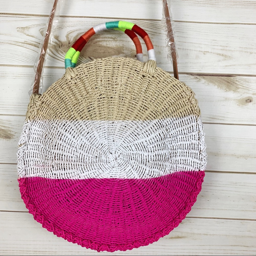 J.Crew Summer Neon White Pink Straw Color Block Crossbody Purse Shoulder Bag - Picture 6 of 15